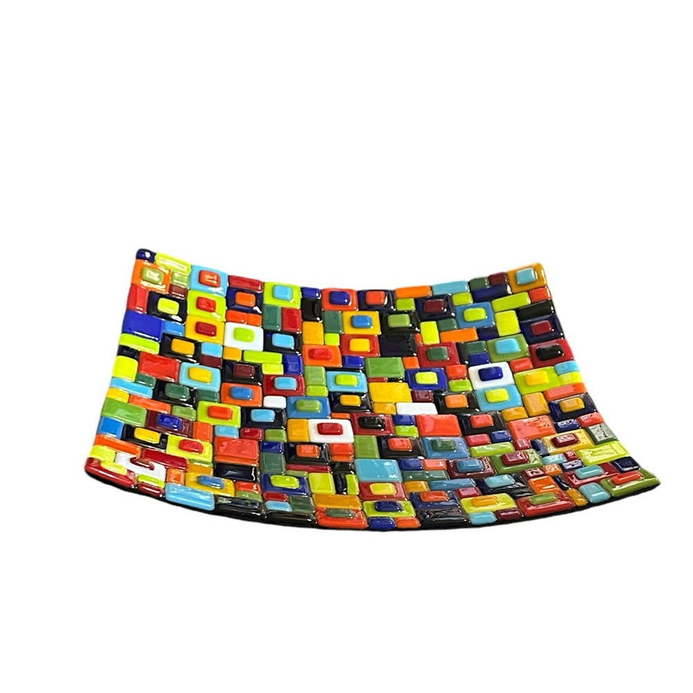 Stunning, colorful handcrafted fused art glass decorative plate fruit bowl.
